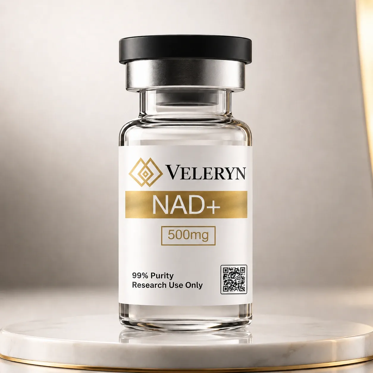 Clear glass vial with a black flip cap and a white Veleryn label, 500 mg, marked research use only