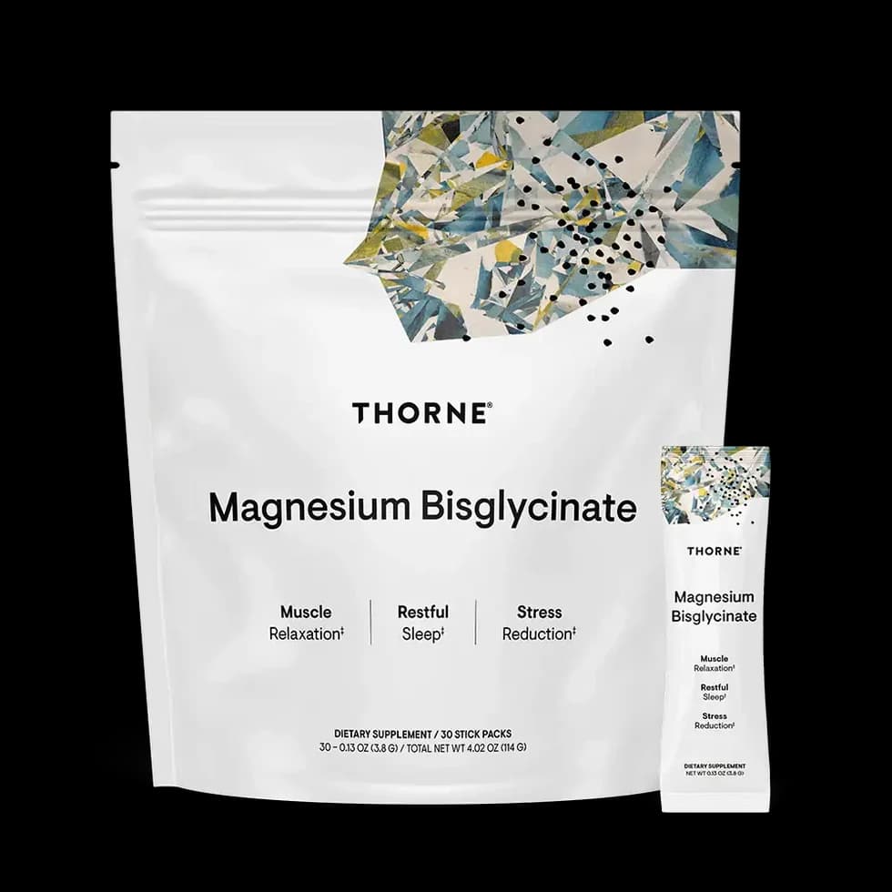 White pouch of Thorne Magnesium Bisglycinate with a single stick pack, 30 stick packs, dietary supplement