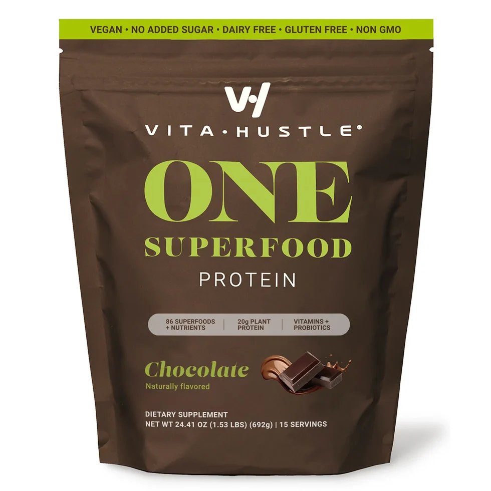 Brown pouch of Vita Hustle ONE Superfood Protein in chocolate flavour, 24.41 oz / 692 g, 15 servings