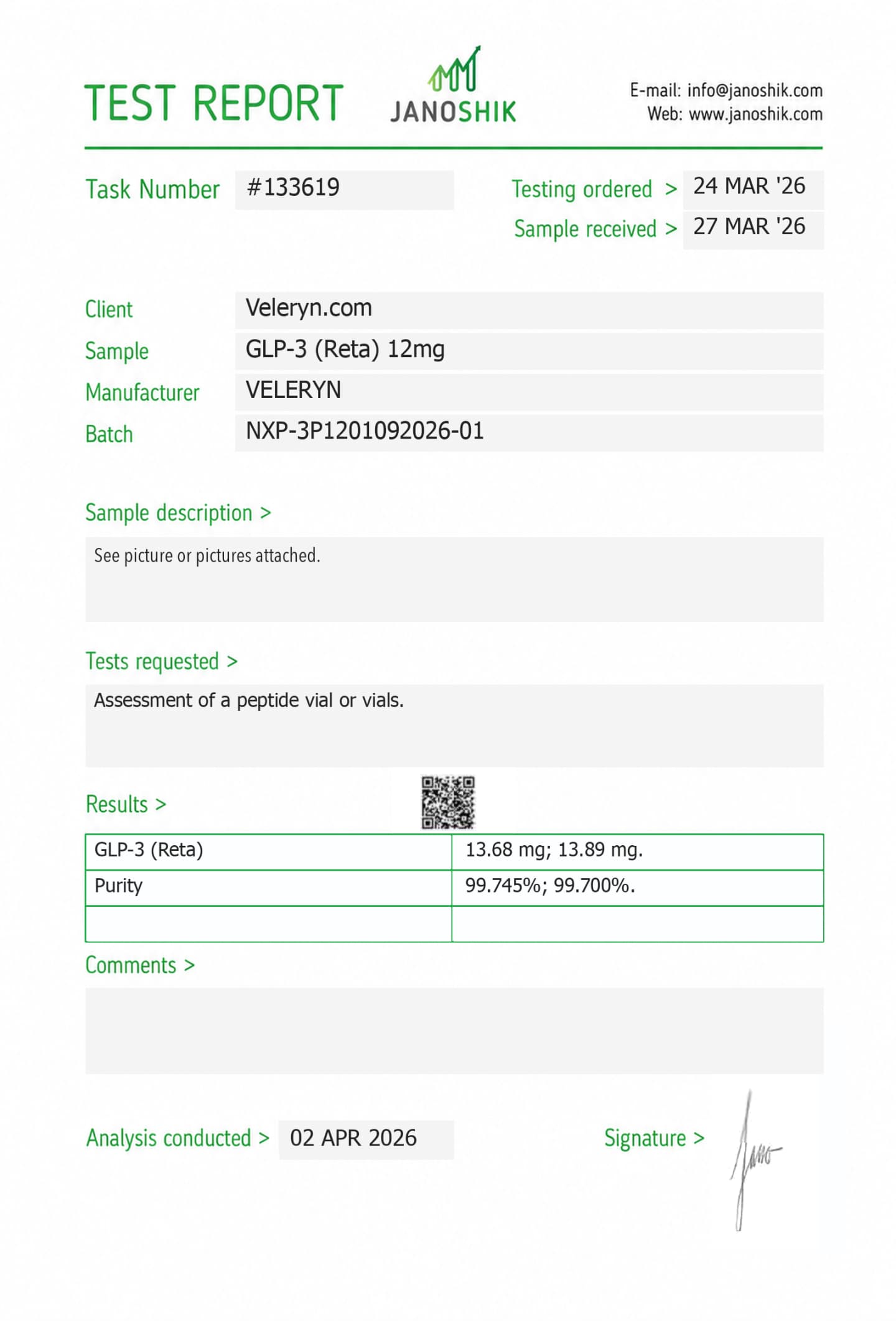 Certificate of analysis from Janoshik Analytical, report #133619, for GLP/3 RTA batch NXP-3P1201092026-01