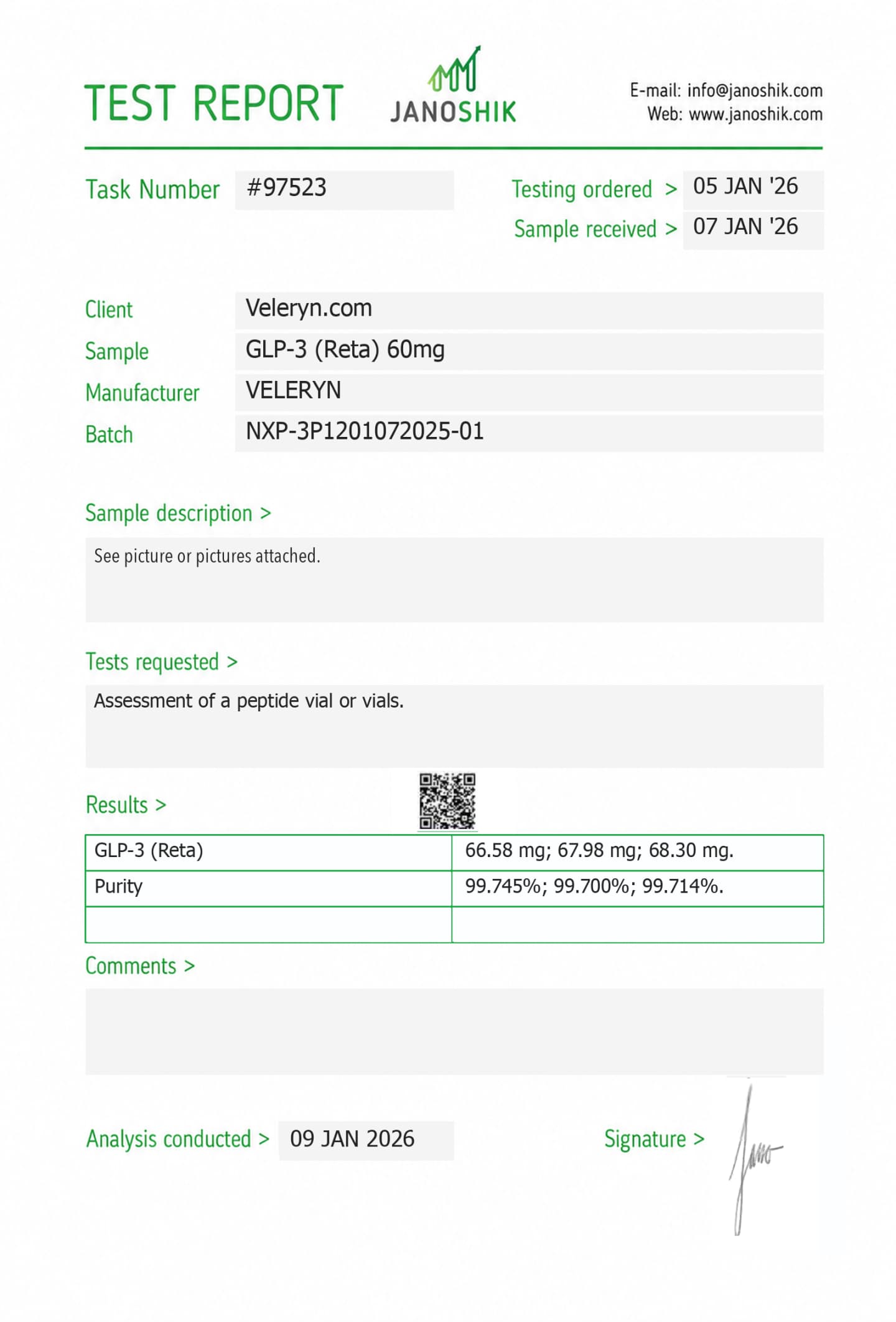 Certificate of analysis from Janoshik Analytical, report #97523, for GLP/3 RTA batch NXP-3P1201072025-01