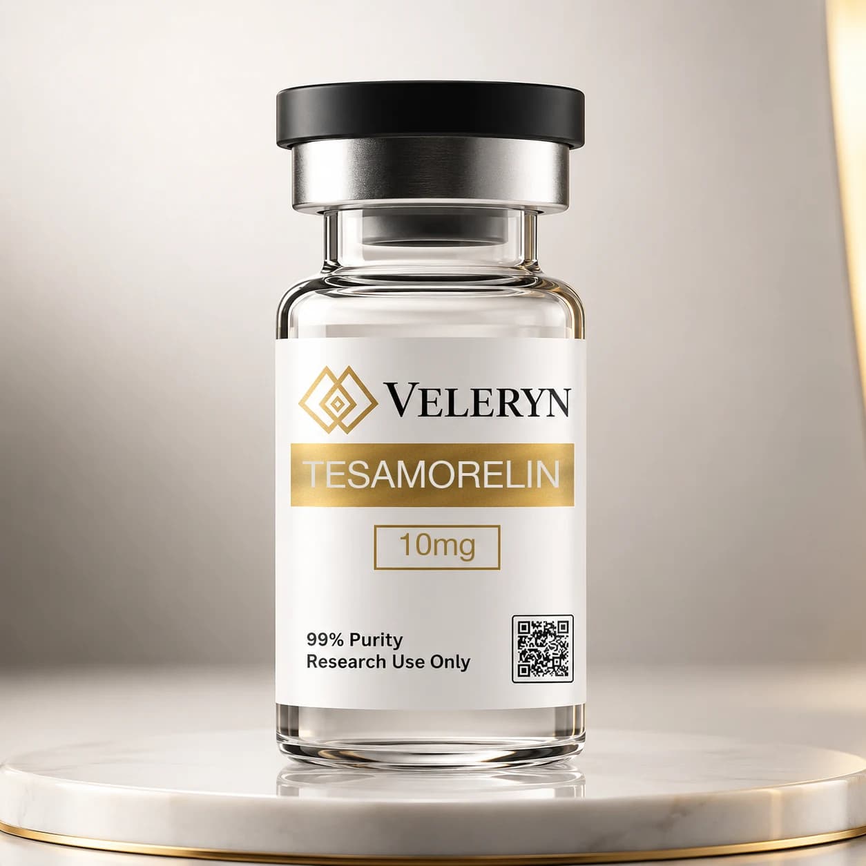 Clear glass vial with a black flip cap and a white Veleryn label, 10 mg, marked research use only